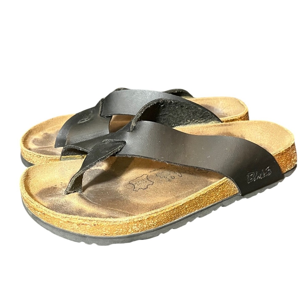 Birki's Gizeh Thong Sandals Womens 37 US 6 Black Leather Cork Footbed Flip Flops
